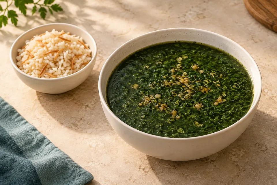 طبق ملوخية خضراء بجانب أرز — صورة تعريفية